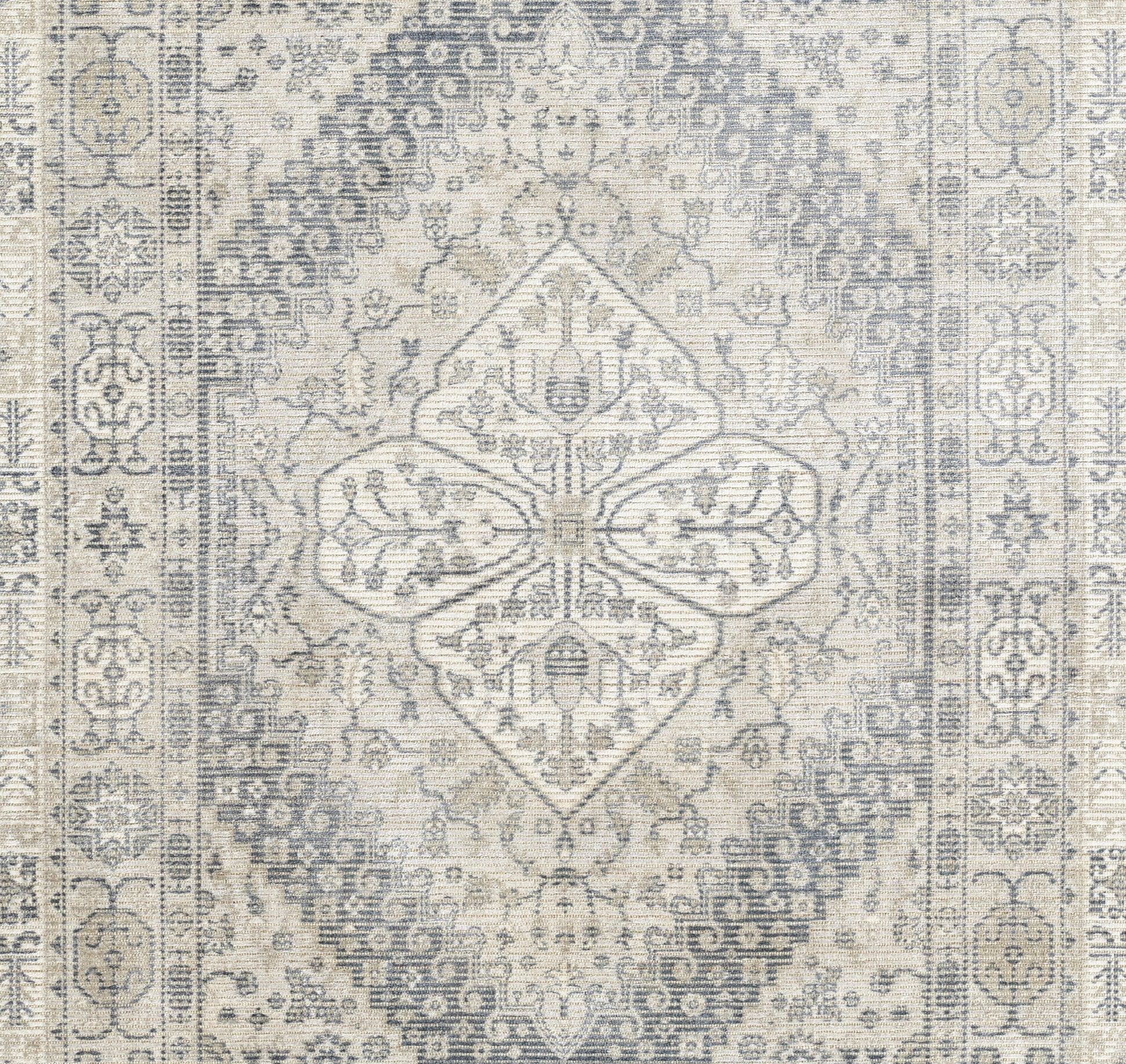 Rectangular gray and ivory distressed oriental rug with central diamond medallion and ornate border