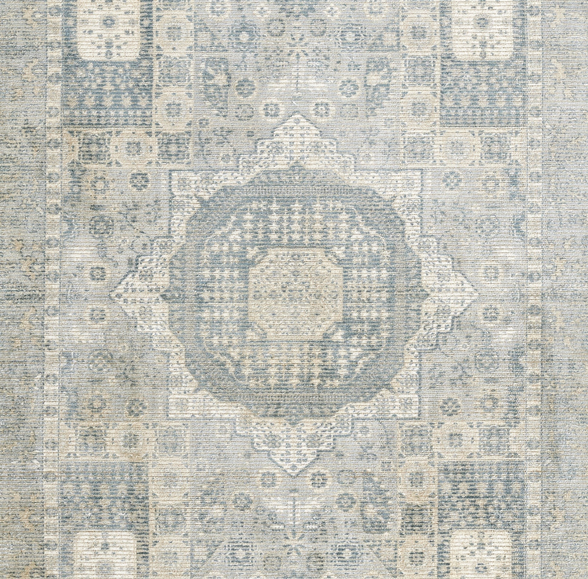 Distressed blue and ivory Persian-style area rug with central medallion and ornate geometric borders.