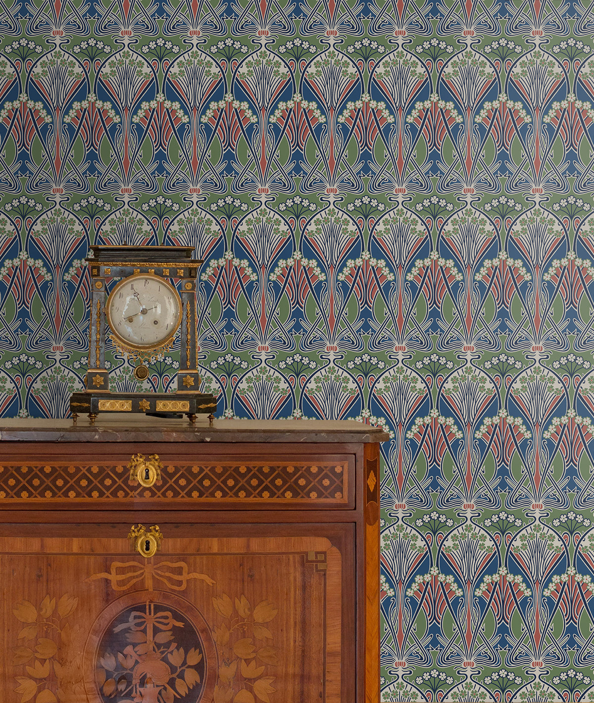 Multicolored dragonfly damask pattern wallpaper with a matte finish.
