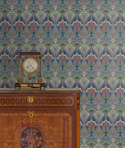Multicolored dragonfly damask pattern wallpaper with a matte finish.