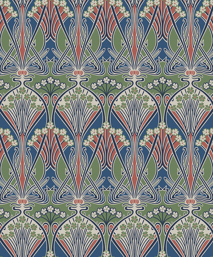 Art Nouveau botanical wallpaper pattern on blue background with fan arches, red stems, green leaves, and white flowers.