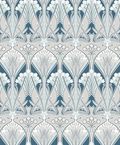 Art Nouveau dragonfly damask wallpaper in blue-gray and white, seamless damask pattern with floral stems and fan-like petals.