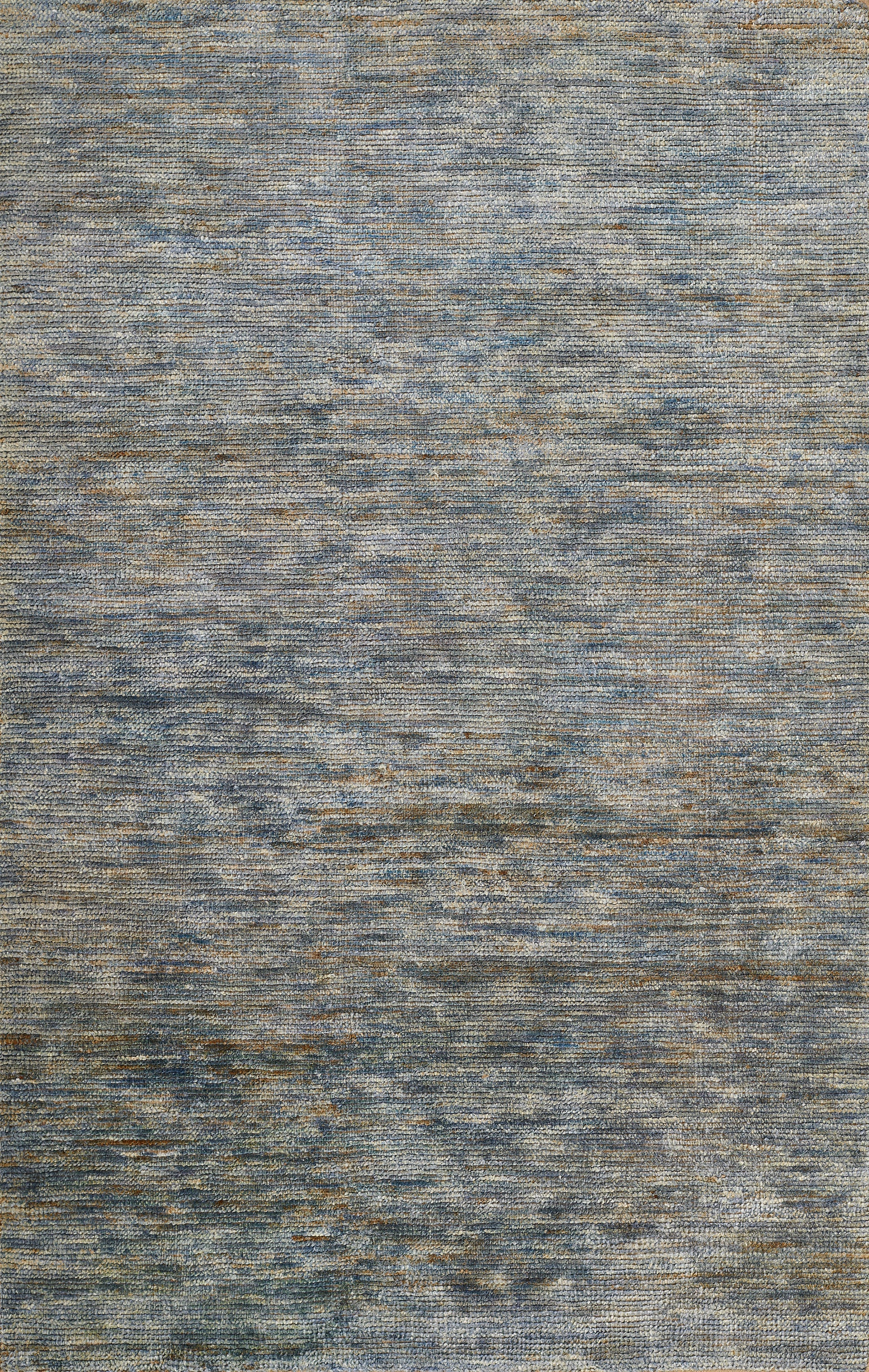 Blue-gray mottled woven rug with subtle beige flecks, modern textured look.