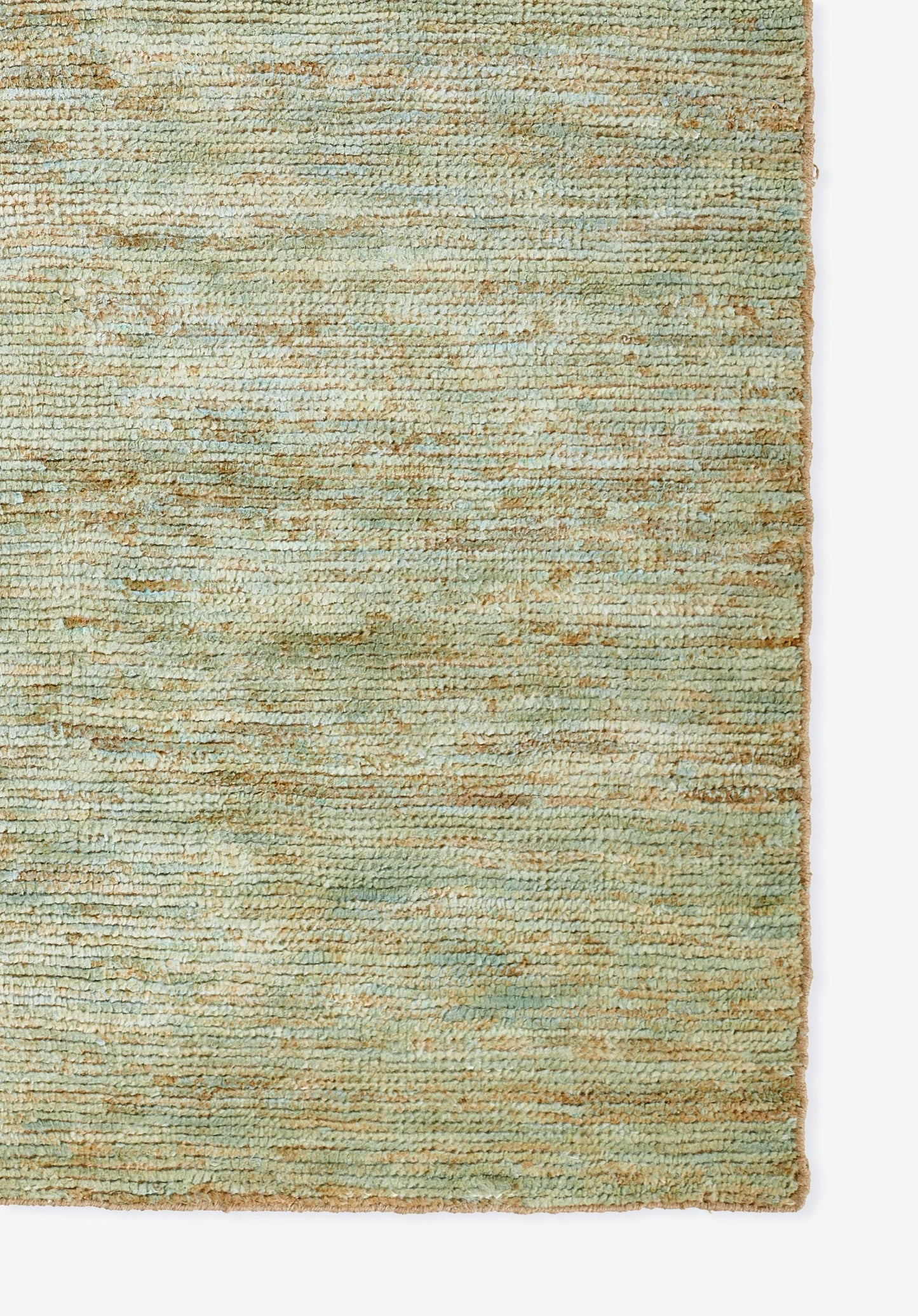 Teal-green woven rug with beige specks and subtle horizontal texture, modern living-room style.