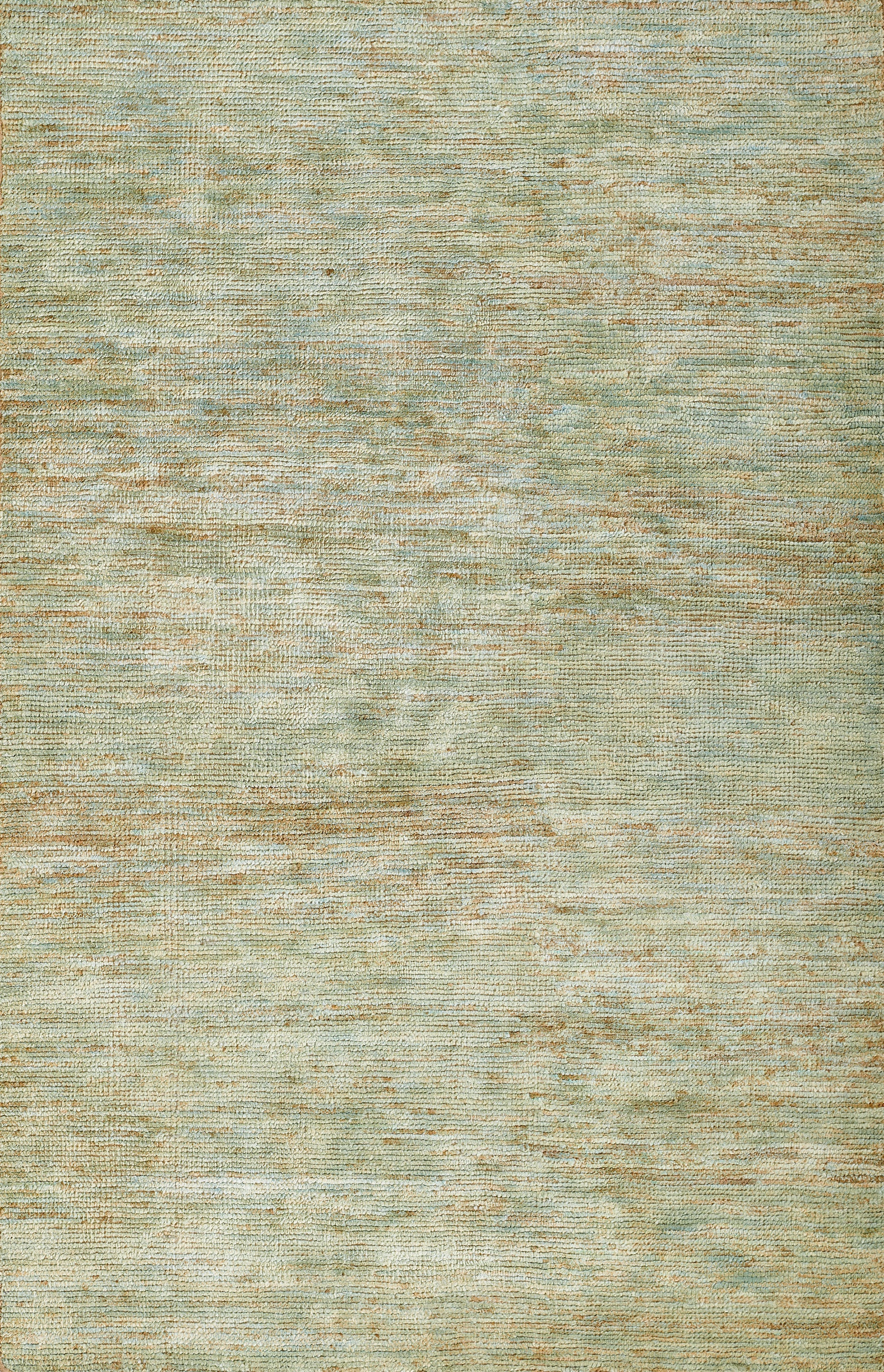Muted sage-green and beige distressed rug with subtle color variation and flat-weave texture.