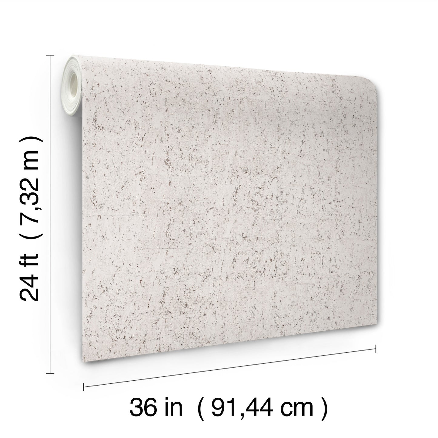 Beige speckled wallpaper with a cork-like texture in pale grey and silver tones; 36 in wide by 24 ft tall (7.32 m).