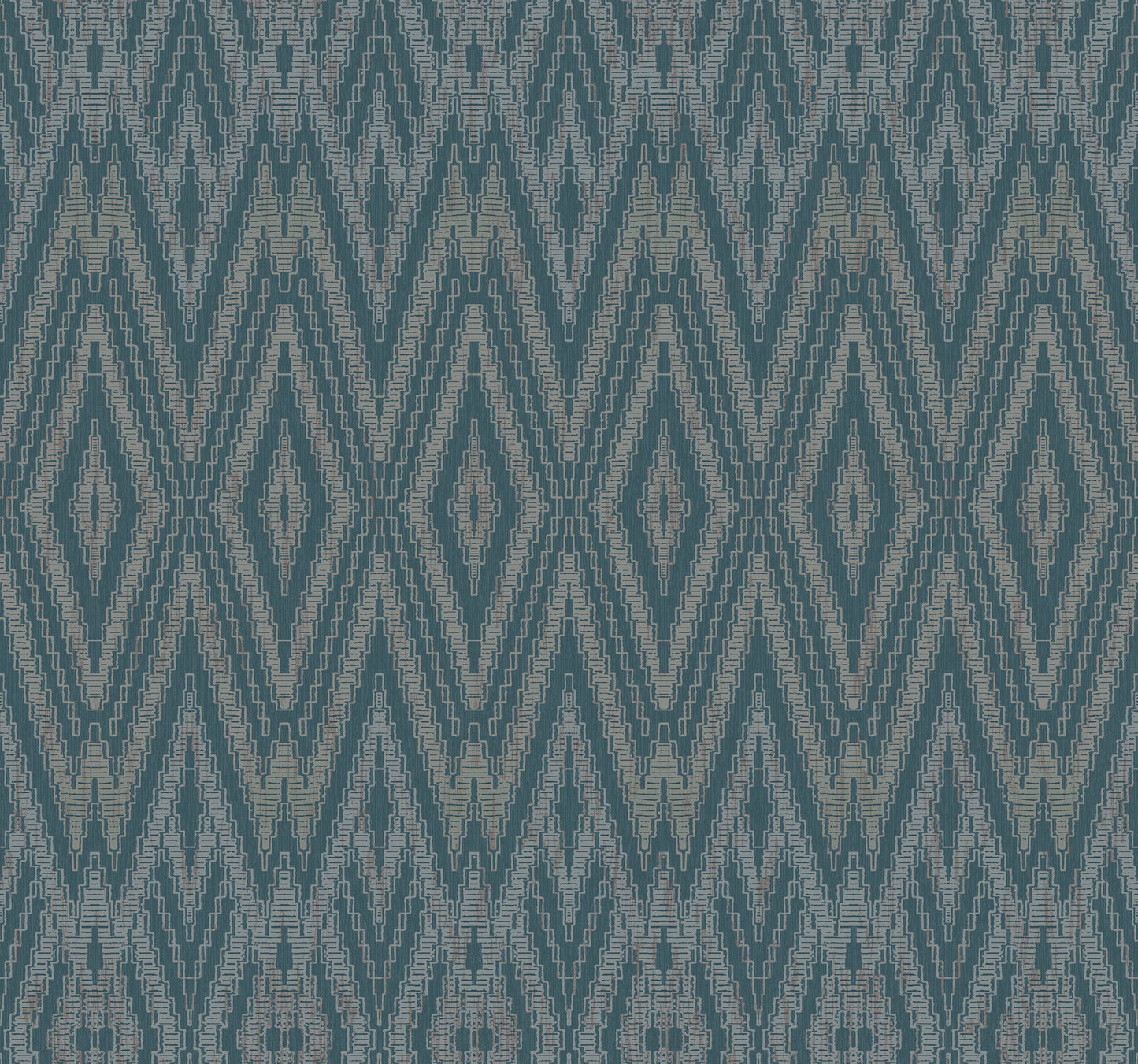 Teal and cream ikat-style wallpaper with diamond and chevron motifs; blue geometric pattern.