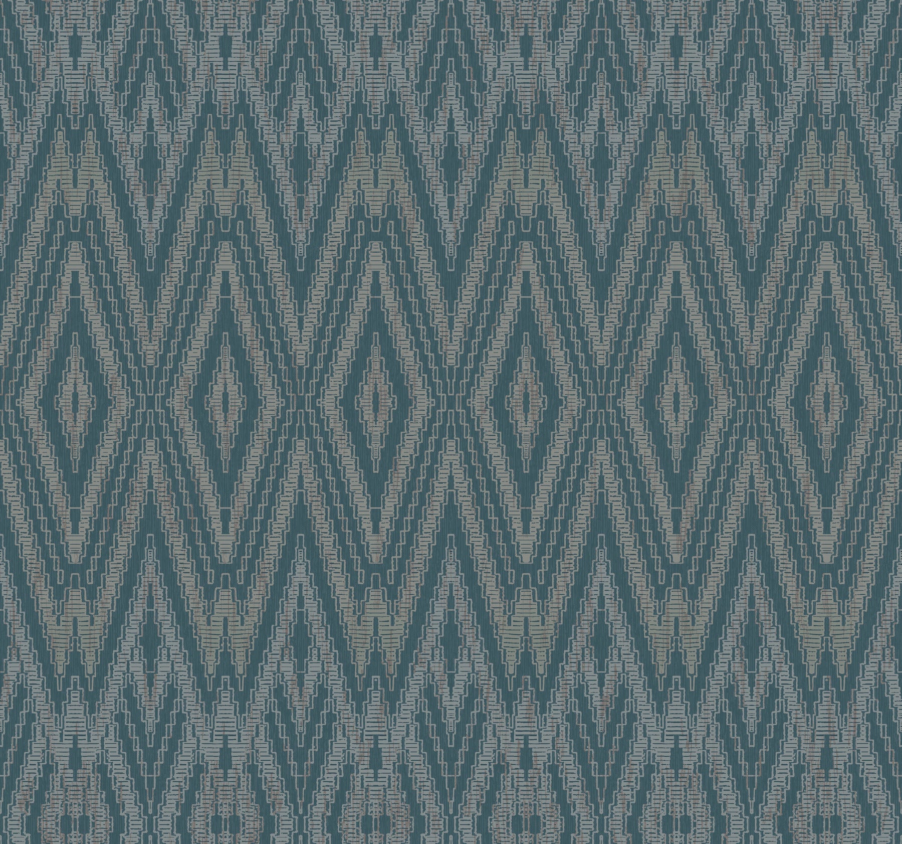 Teal and cream ikat-style wallpaper with diamond and chevron motifs; blue geometric pattern.
