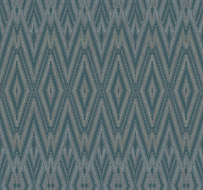 Teal and cream ikat-style wallpaper with diamond and chevron motifs; blue geometric pattern.