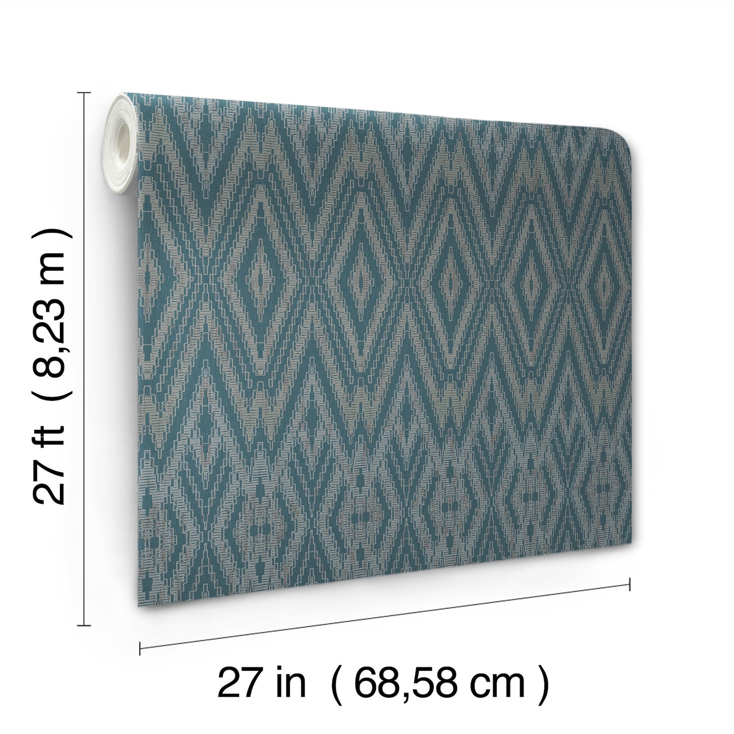 Teal diamond-shaped geometric wallpaper roll, 27in wide by 27ft long, blue-gray pattern.