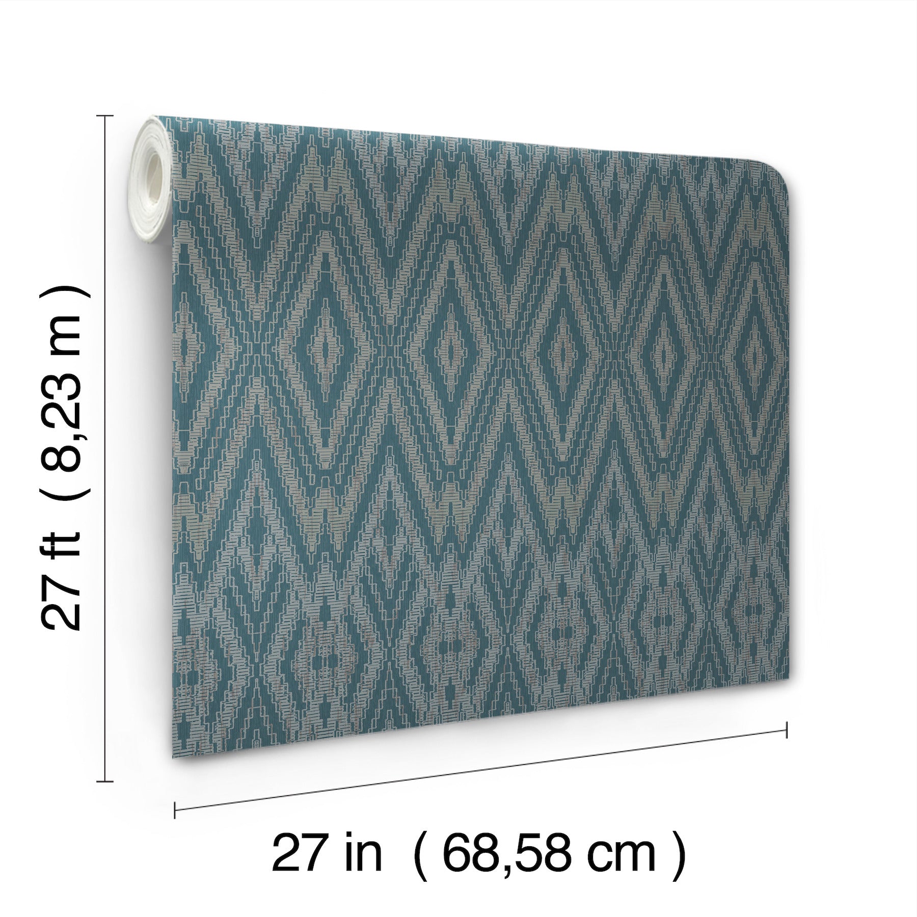 Teal diamond-shaped geometric wallpaper roll, 27in wide by 27ft long, blue-gray pattern.