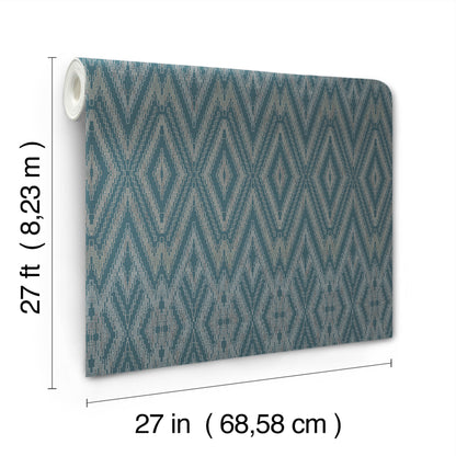 Teal diamond-shaped geometric wallpaper roll, 27in wide by 27ft long, blue-gray pattern.