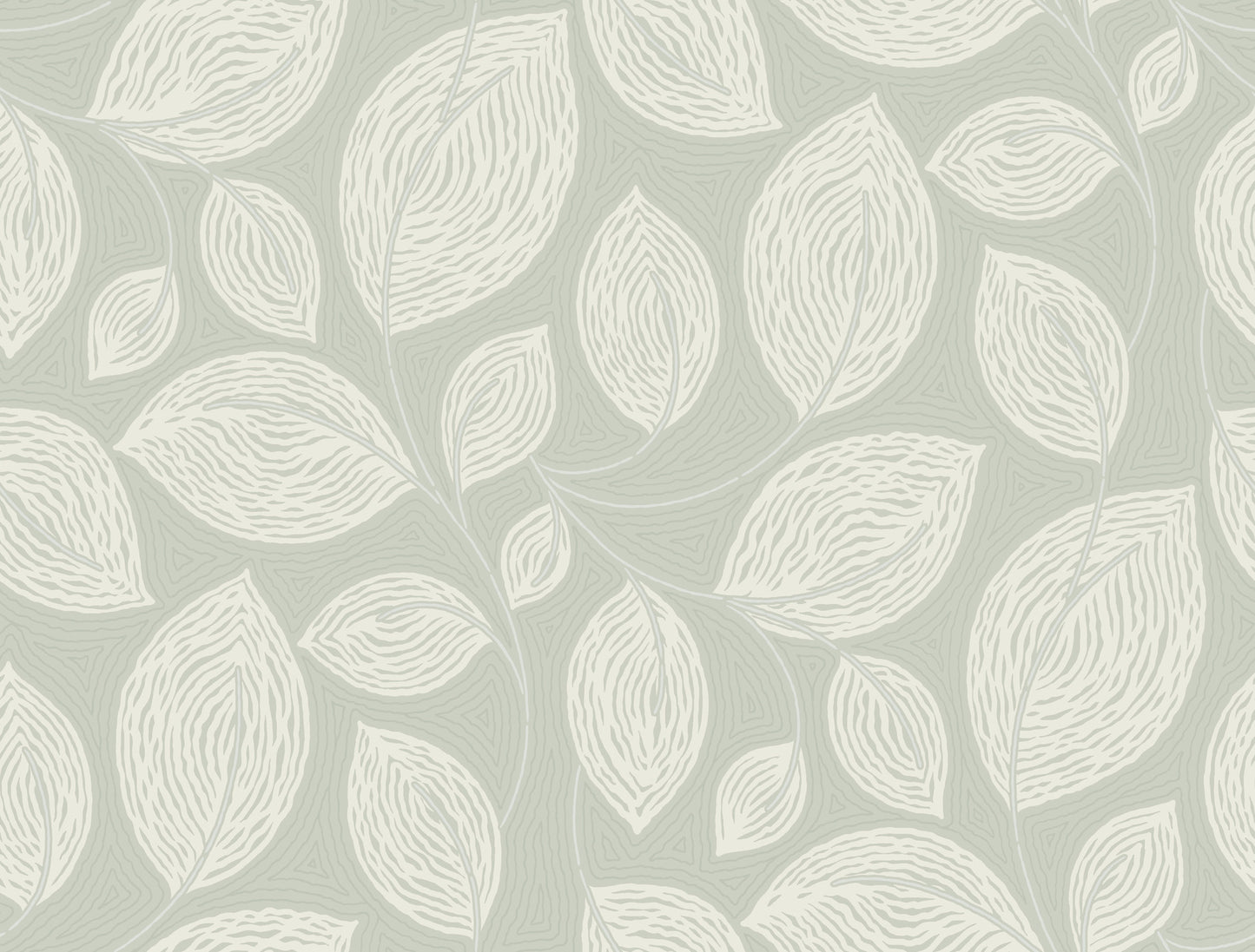Soft sage-green wallpaper with white leafy pattern; abstract botanical motif and repeating leaves.