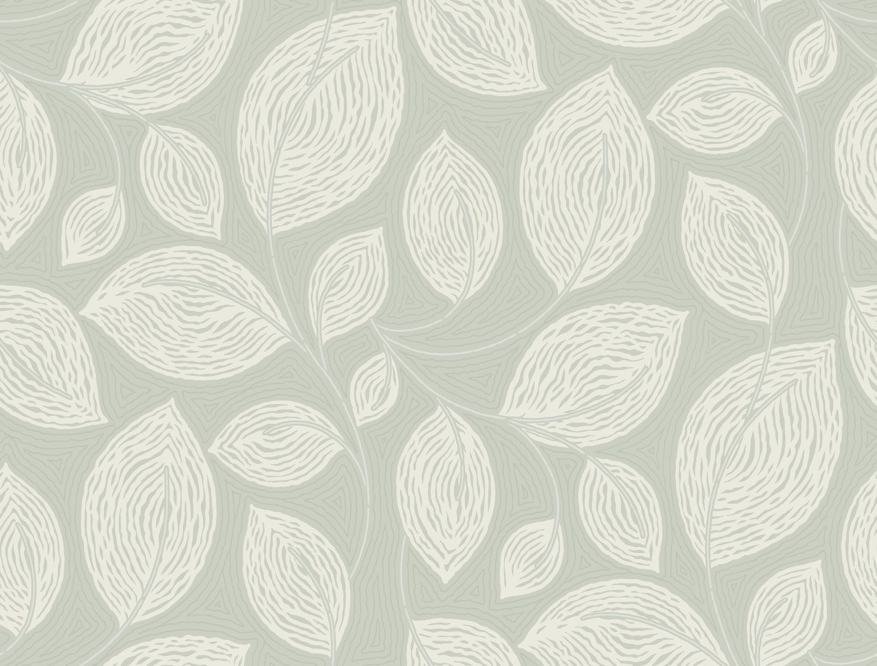 Soft sage-green wallpaper with white leafy pattern; abstract botanical motif and repeating leaves.