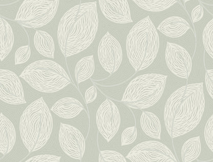 Soft sage-green wallpaper with white leafy pattern; abstract botanical motif and repeating leaves.