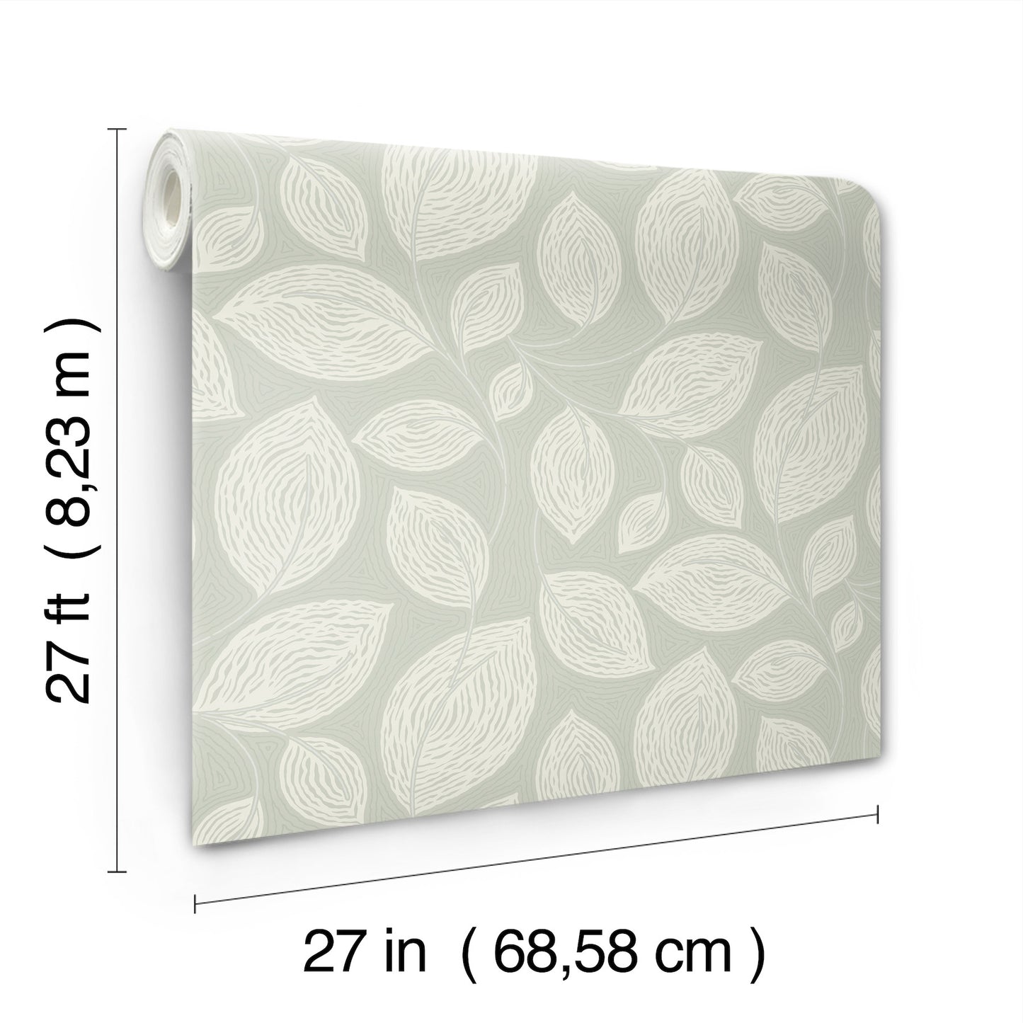 Sage green wallpaper with white leafy botanical pattern, rolled sheet; 27 in wide by 27 ft long.