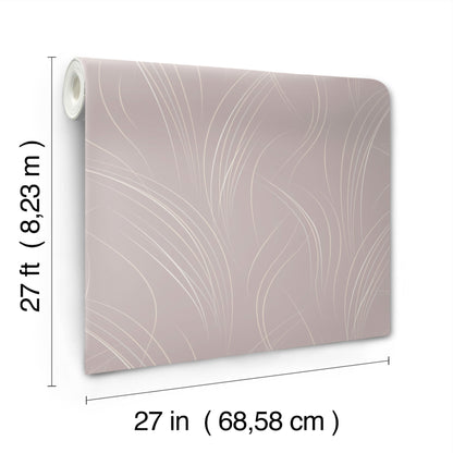 Lavender wallpaper sample with white flowing line pattern, rolled edge; 27 in wide by 27 ft long