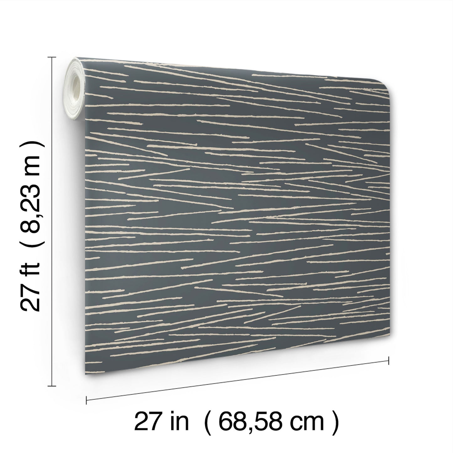 Wallpaper roll: charcoal background with cream irregular diagonal stripes; modern pattern, 27 in wide by 27 ft long.