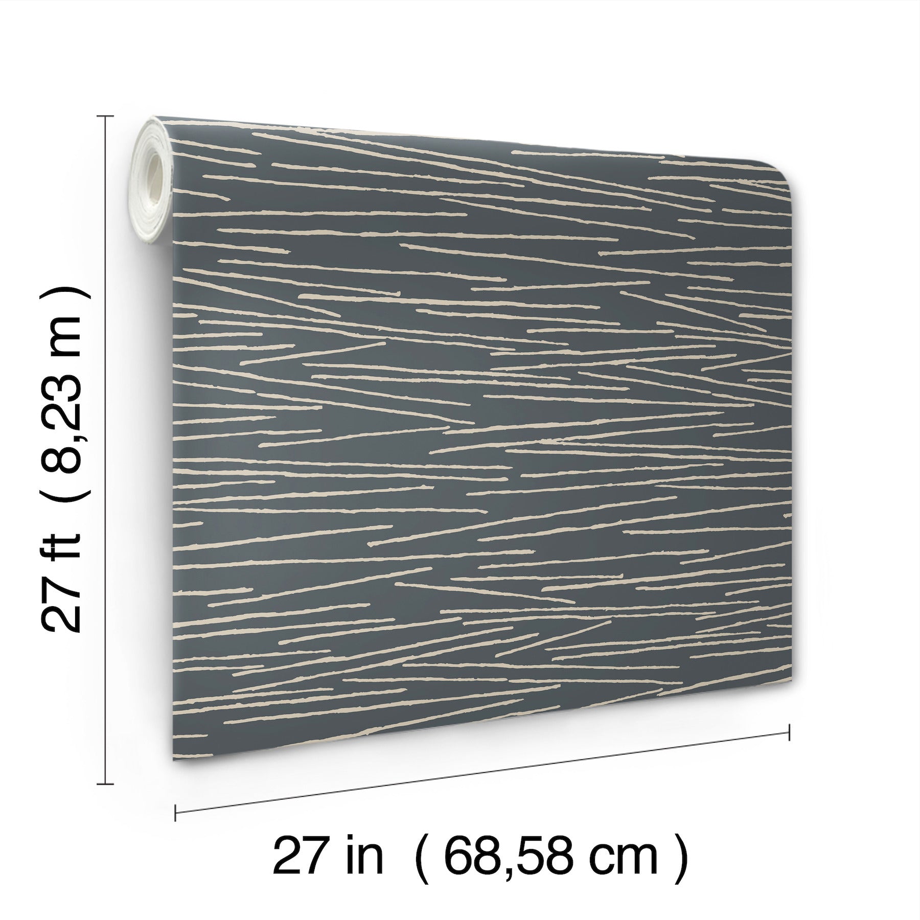 Wallpaper roll: charcoal background with cream irregular diagonal stripes; modern pattern, 27 in wide by 27 ft long.