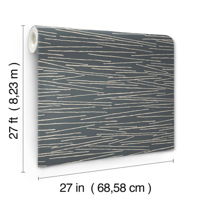 Wallpaper roll: charcoal background with cream irregular diagonal stripes; modern pattern, 27 in wide by 27 ft long.
