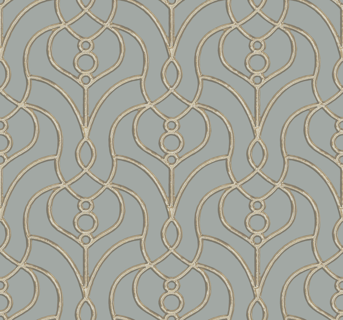 Dusty blue trellis wallpaper with an interlocking lattice/geometric pattern on a muted blue backdrop for walls.