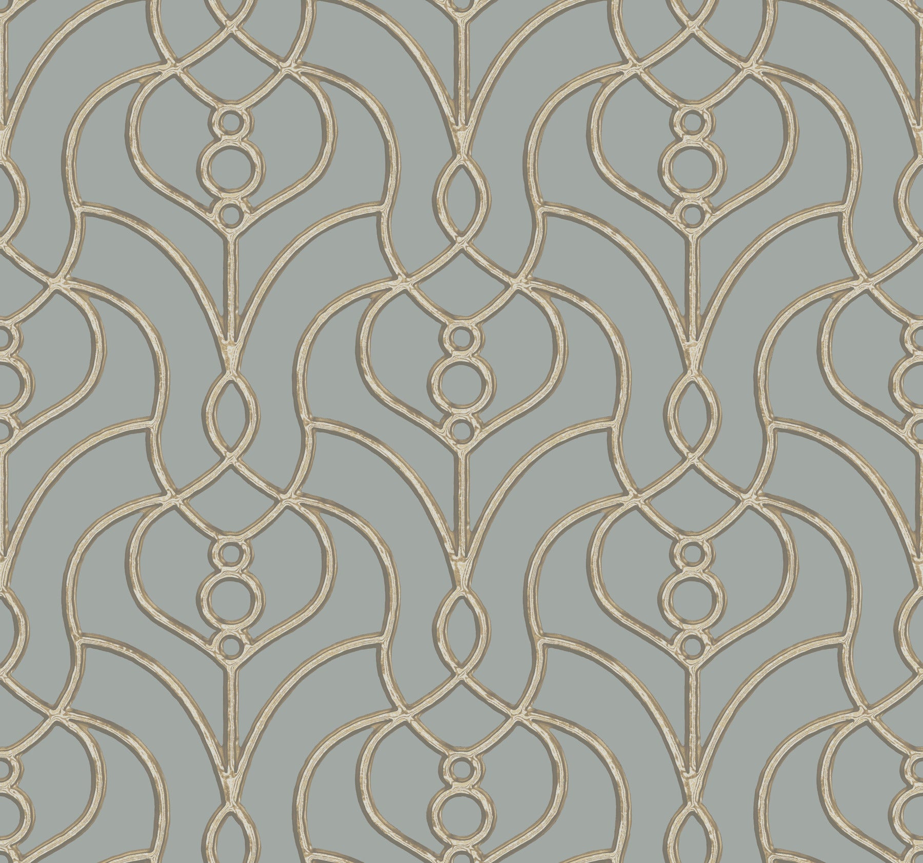 Dusty blue trellis wallpaper with an interlocking lattice/geometric pattern on a muted blue backdrop for walls.