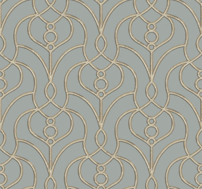 Dusty blue trellis wallpaper with an interlocking lattice/geometric pattern on a muted blue backdrop for walls.