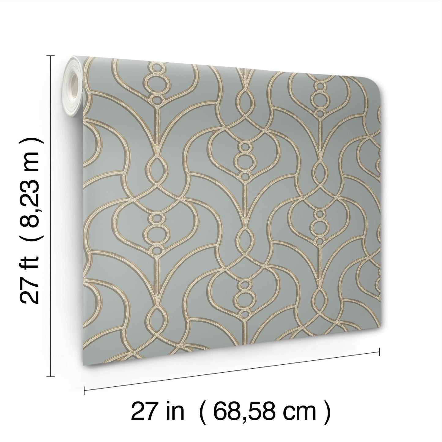 27 in wide wallpaper roll with dusty blue background and Divine Trellis geometric motif.