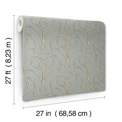 27 in wide wallpaper roll with dusty blue background and Divine Trellis geometric motif.