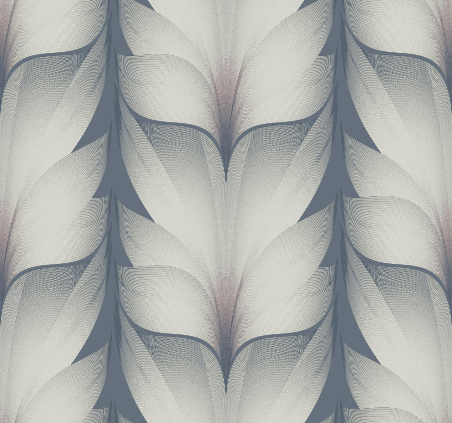 Abstract seamless wallpaper pattern of overlapping feather-like shapes in cool gray-blue tones.