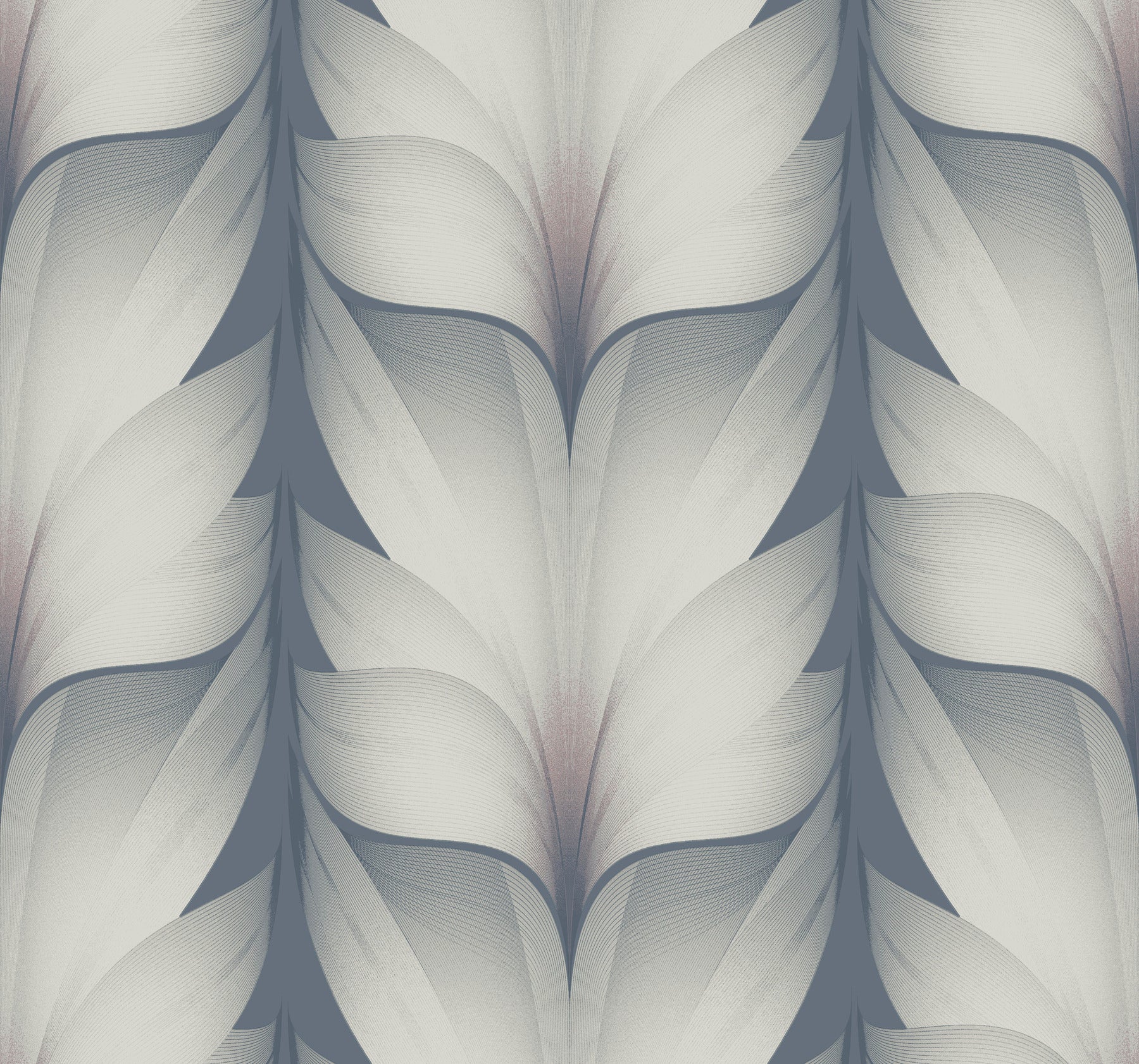 Abstract seamless wallpaper pattern of overlapping feather-like shapes in cool gray-blue tones.