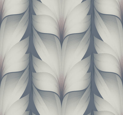 Abstract seamless wallpaper pattern of overlapping feather-like shapes in cool gray-blue tones.