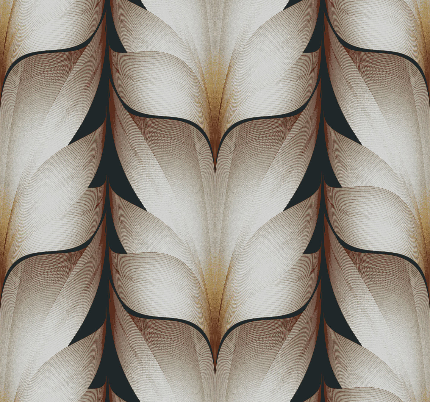 Abstract leaf motif in beige and cream with dark brown outlines on wallpaper.