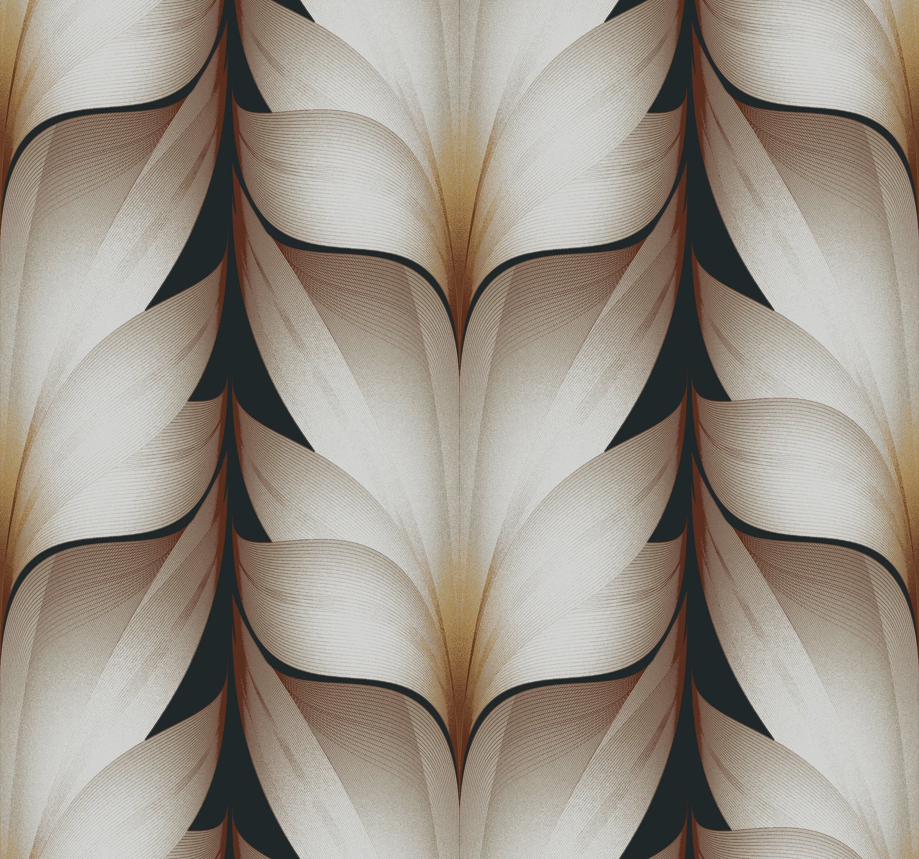 Abstract leaf motif in beige and cream with dark brown outlines on wallpaper.