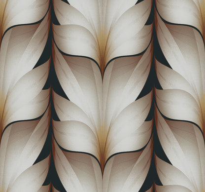 Abstract leaf motif in beige and cream with dark brown outlines on wallpaper.