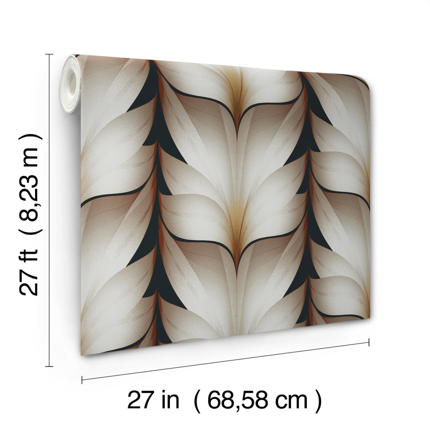 Wallpaper panel with light background and black stripes; rolled corner, 27 in wide (68.6 cm)