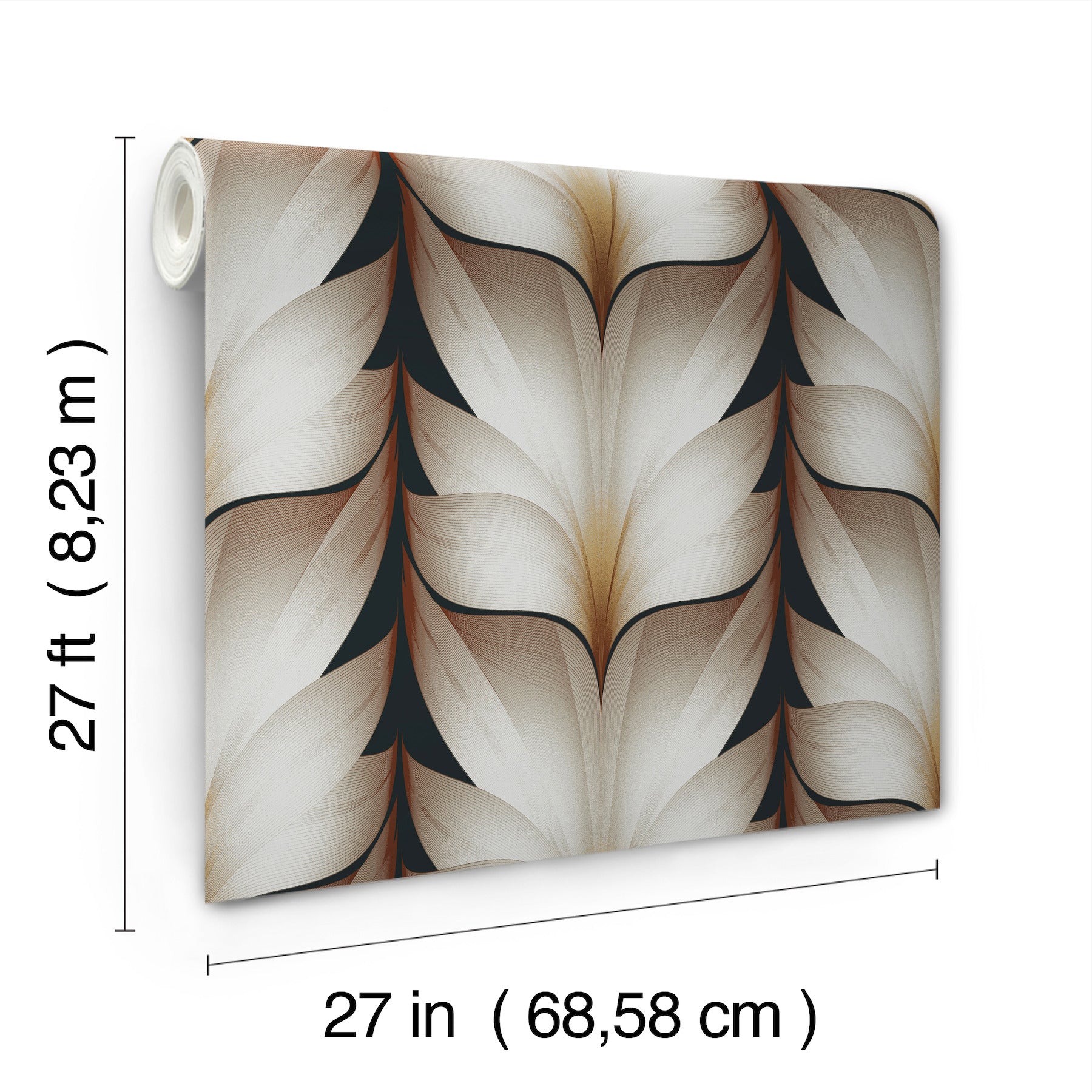 Wallpaper panel with light background and black stripes; rolled corner, 27 in wide (68.6 cm)