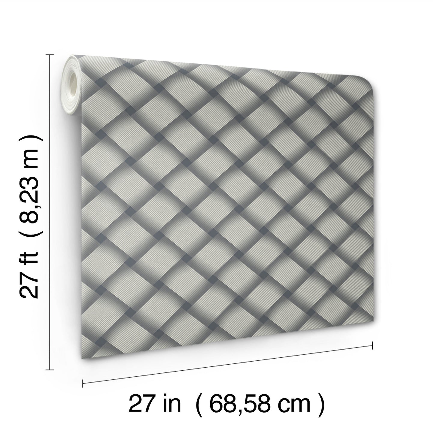 Rolled navy wallpaper with a basket-weave pattern; 27 in wide by 27 ft long.