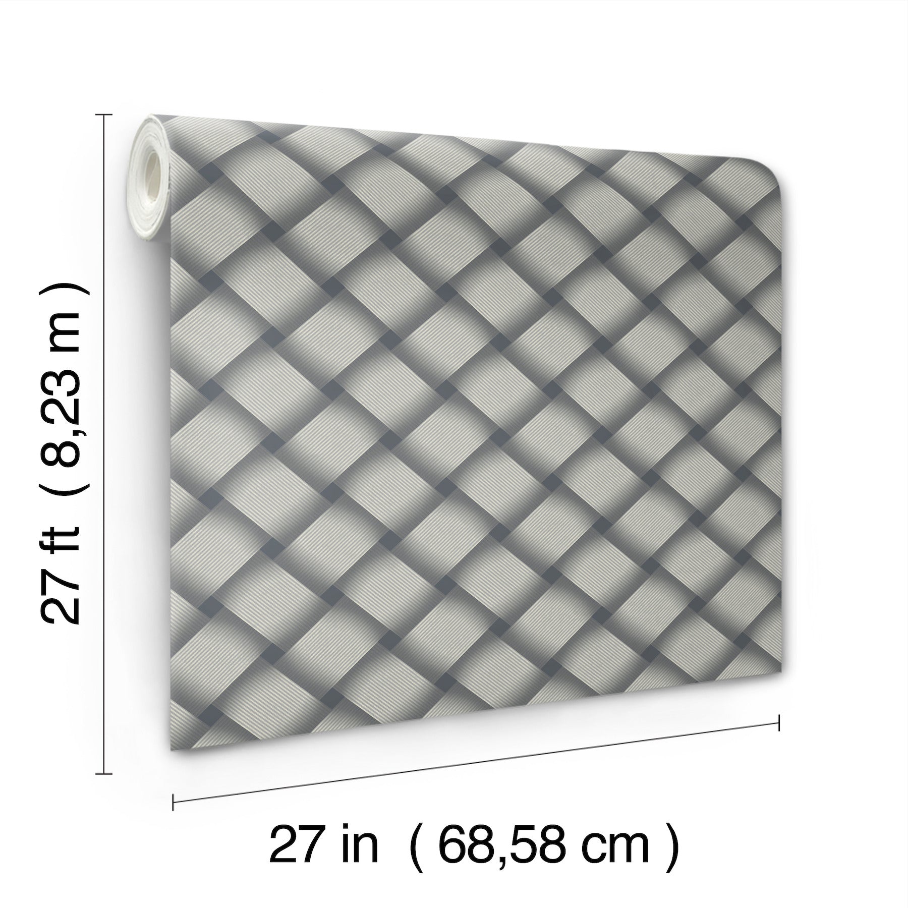 Rolled navy wallpaper with a basket-weave pattern; 27 in wide by 27 ft long.