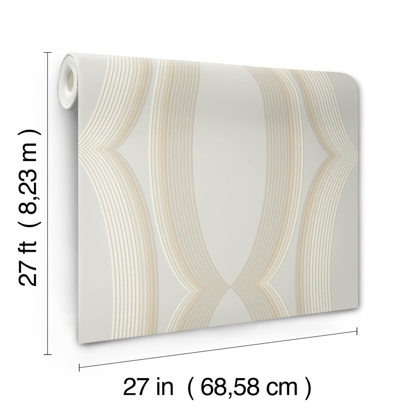 Roll of wallpaper with a light grey geometric ogee pattern on white; 27 in wide by 27 ft long.