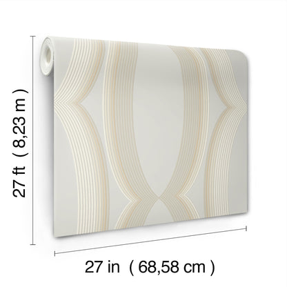 Roll of wallpaper with a light grey geometric ogee pattern on white; 27 in wide by 27 ft long.