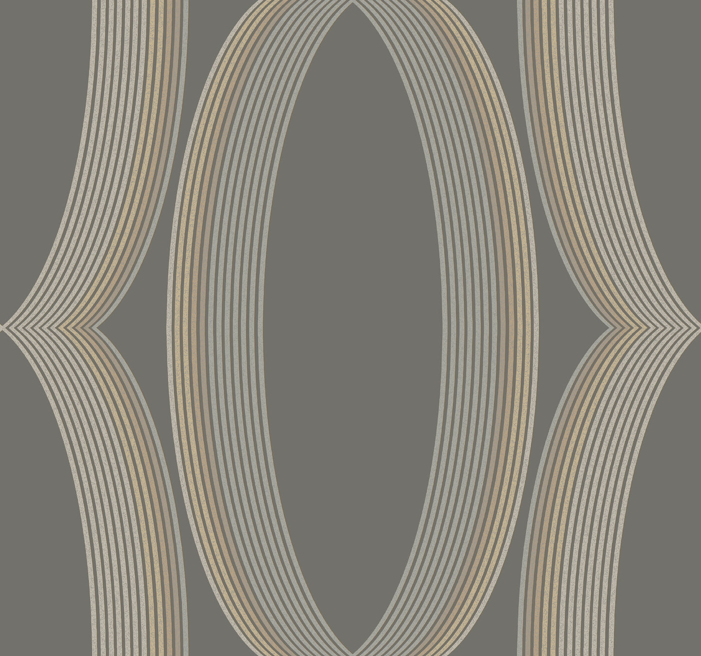 Abstract geometric wallpaper: cream-beige parallel stripes curve into looping ovals on gray background.