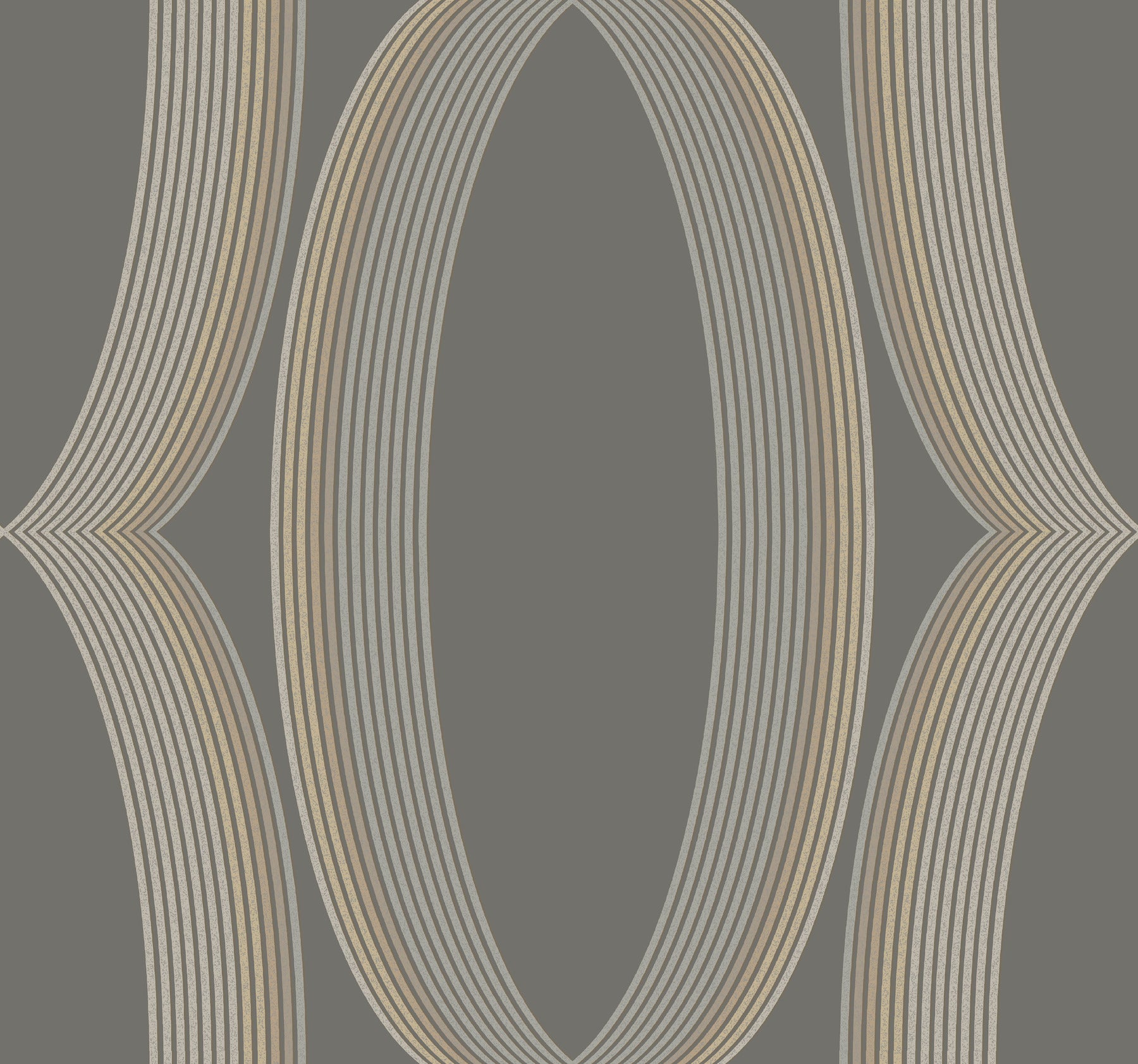 Abstract geometric wallpaper: cream-beige parallel stripes curve into looping ovals on gray background.
