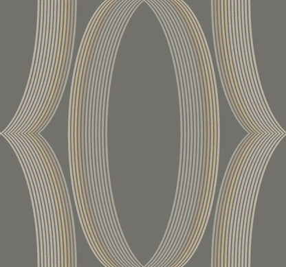 Abstract geometric wallpaper: cream-beige parallel stripes curve into looping ovals on gray background.