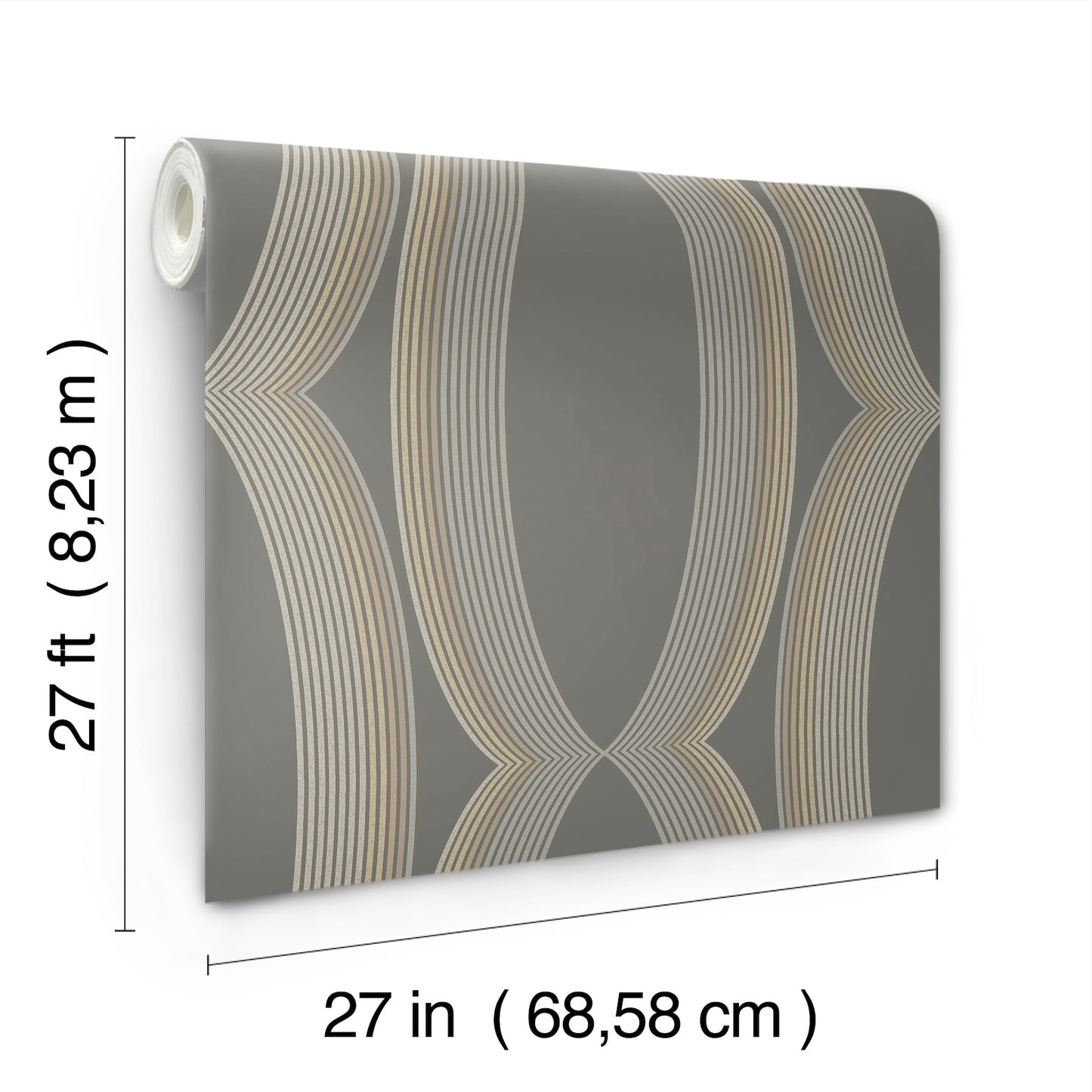 Rolled wallpaper sample in charcoal gray with an ogee geometric pattern.
