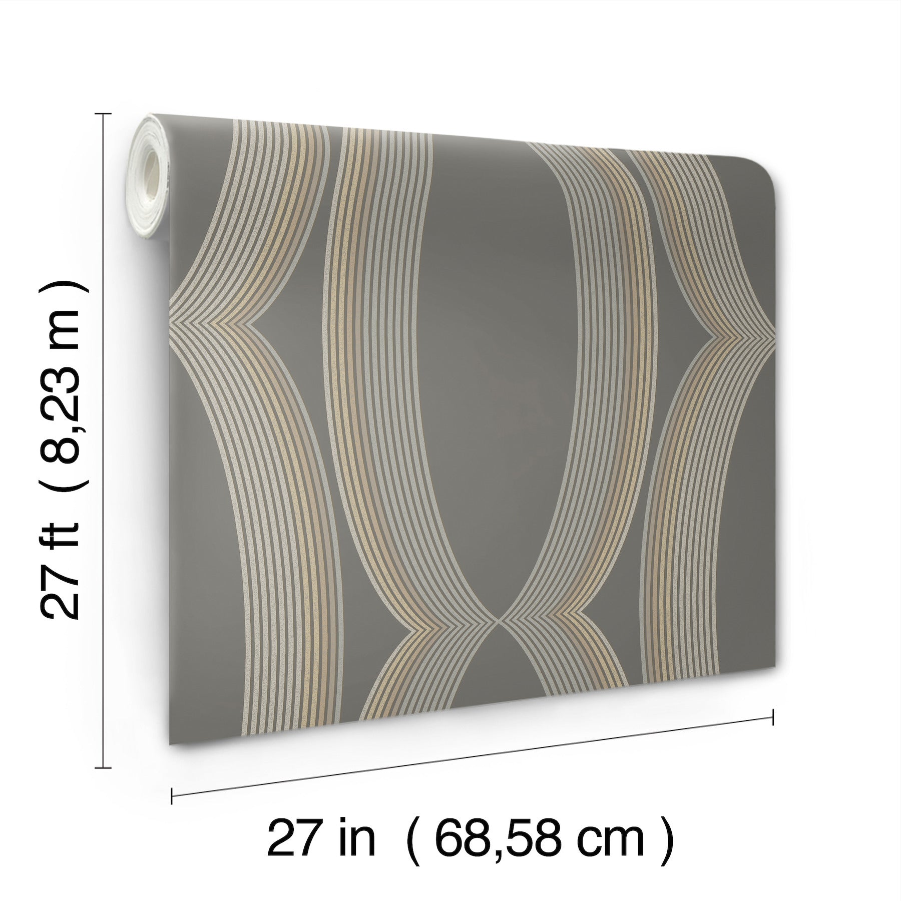 Rolled wallpaper sample in charcoal gray with an ogee geometric pattern.
