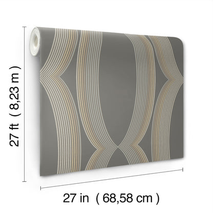 Rolled wallpaper sample in charcoal gray with an ogee geometric pattern.