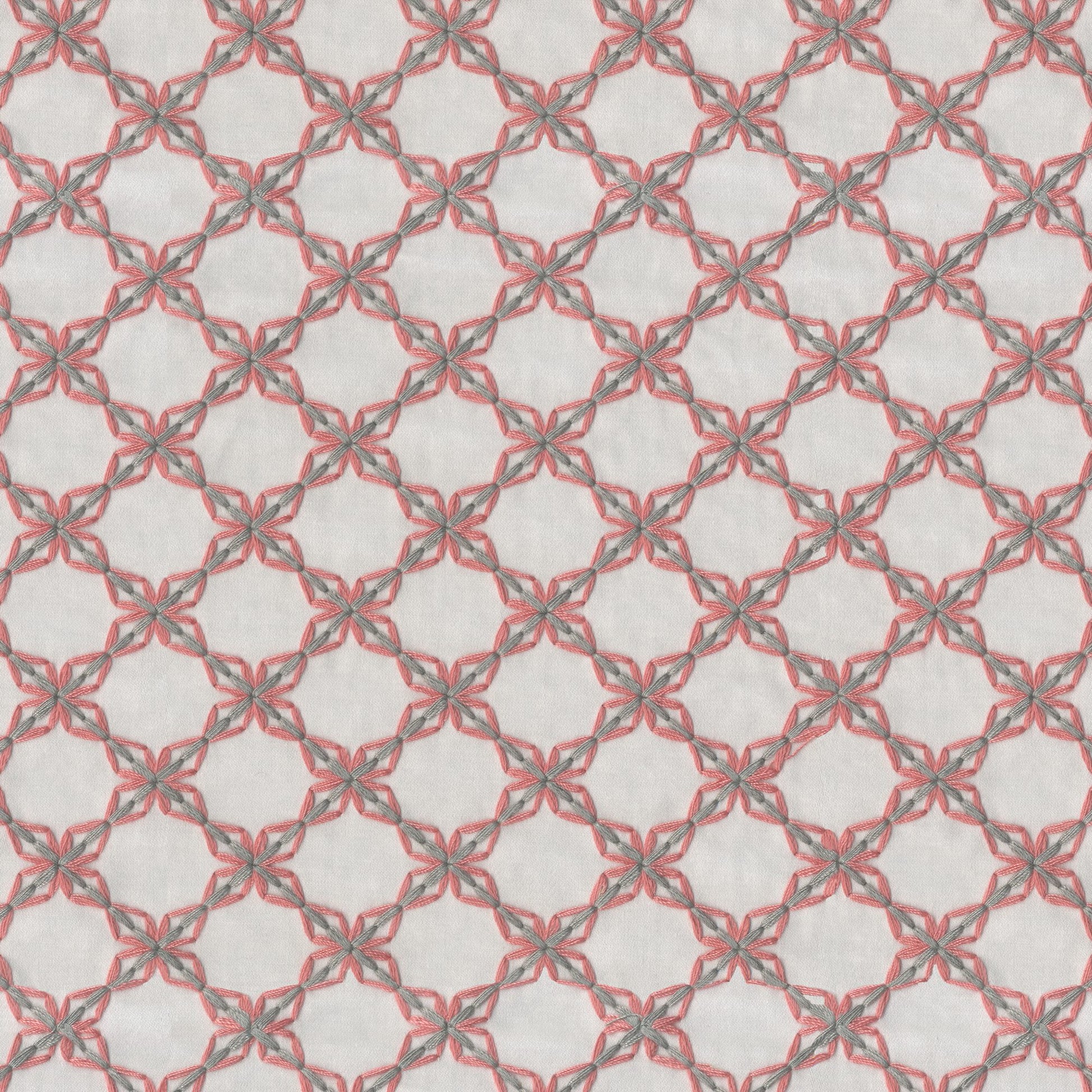 Light gray fabric with pink braided lattice pattern forming diamonds; lace-like geometric textile.