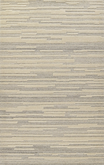 Neutral flat-weave area rug with pale beige and light gray horizontal stripes; modern minimalist style.