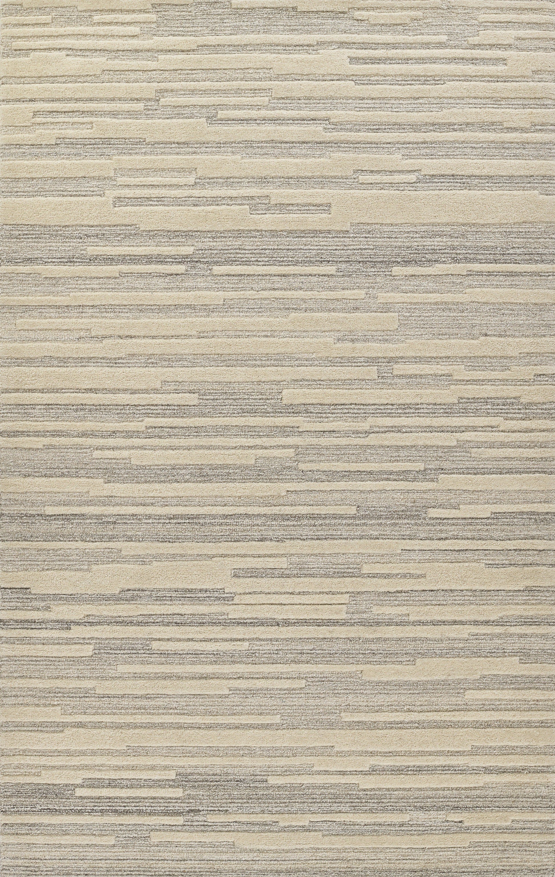 Hand-tufted 8x10 grey wool area rug with modern graphic pattern, neutral indoor rug for living room, bedroom, or dining room décor.